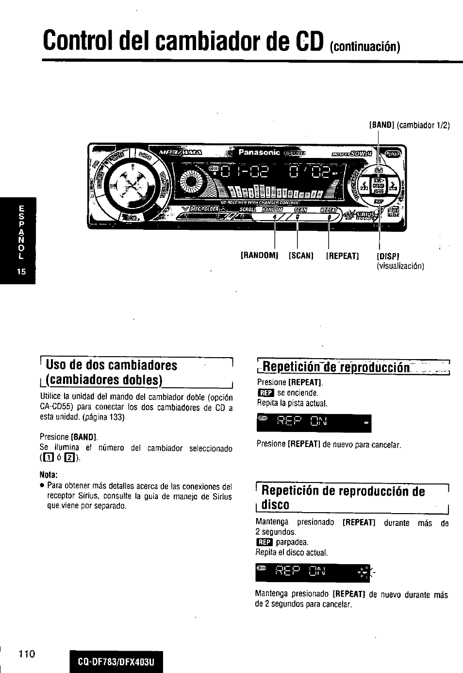 Control del cambiador de cd, Continuación), Uso de dos cambiadores i (cambiadores dobles) | Rrepetición dere'producción | Panasonic CQ-DF783U User Manual | Page 110 / 136