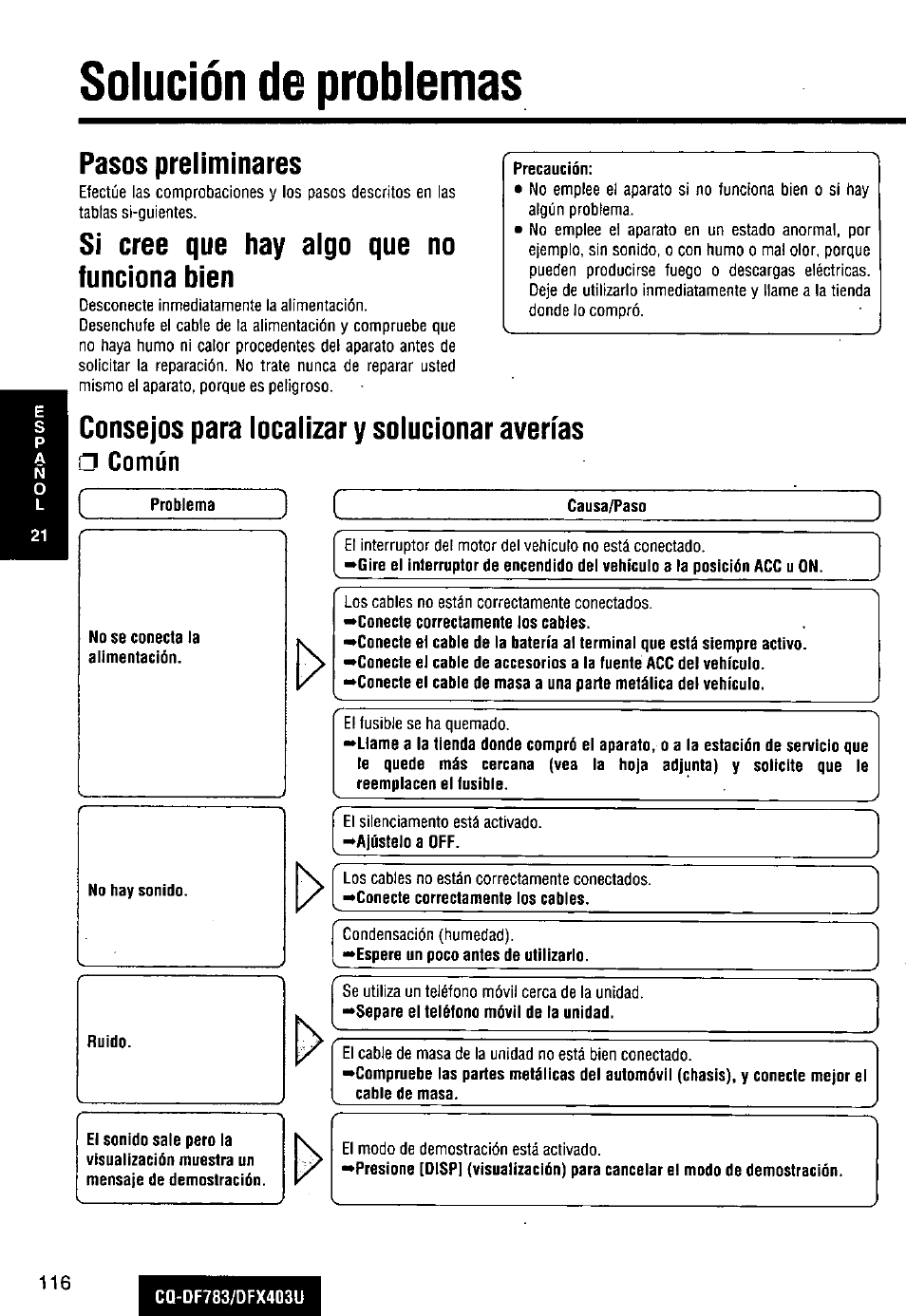 Pasos preliminares, Sí cree que hay algo que no funciona bien, Solución de problemas | Consejos para localizar y solucionar averías, Común | Panasonic CQ-DF783U User Manual | Page 116 / 136