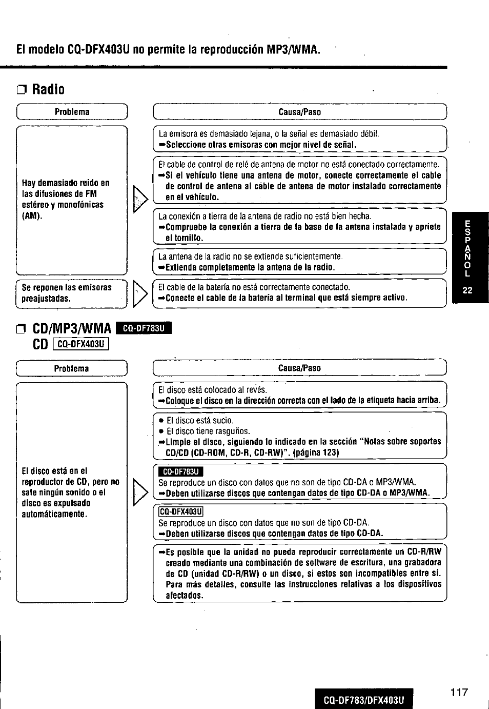 Radio, Cd/mp3/wma cd | Panasonic CQ-DF783U User Manual | Page 117 / 136