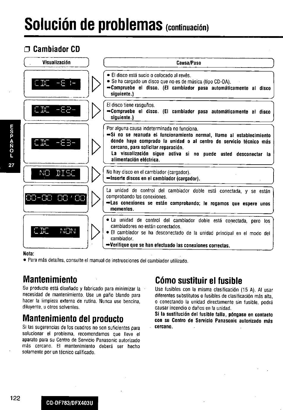 Mantenimiento, Mantenimiento dei producto, Cómo sustituir ei fusibie | Solución de problemas (commiaciín), Cambiador cd | Panasonic CQ-DF783U User Manual | Page 122 / 136