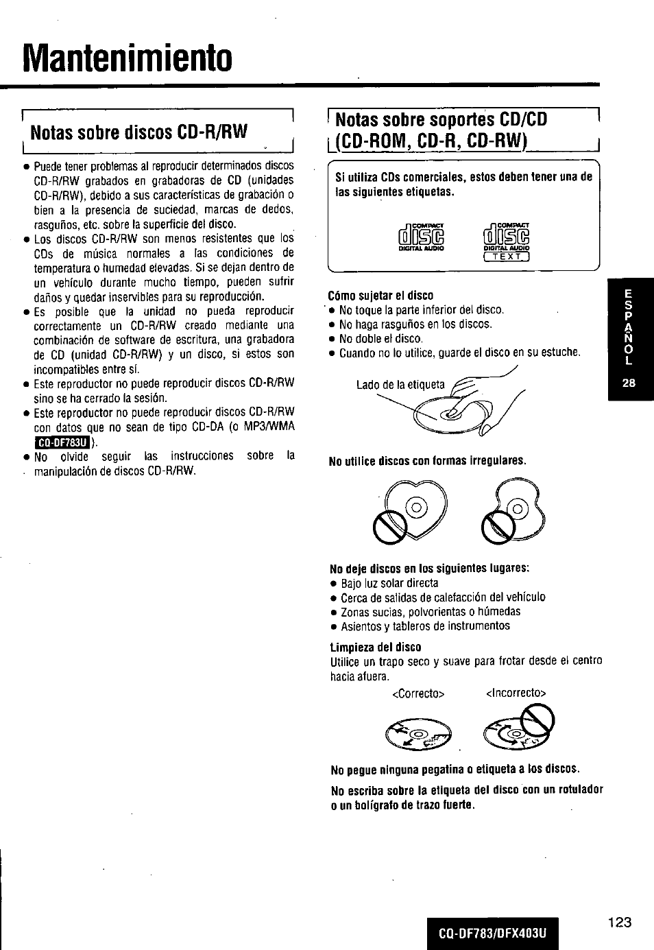 Mantenimiento, Notas sobre discos cd-r/rw, Notas sobre soportes cd/cd | Panasonic CQ-DF783U User Manual | Page 123 / 136