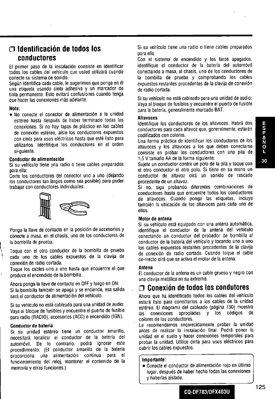 Identificación de todos tos conductores, Conexión de todos los condutores | Panasonic CQ-DF783U User Manual | Page 125 / 136