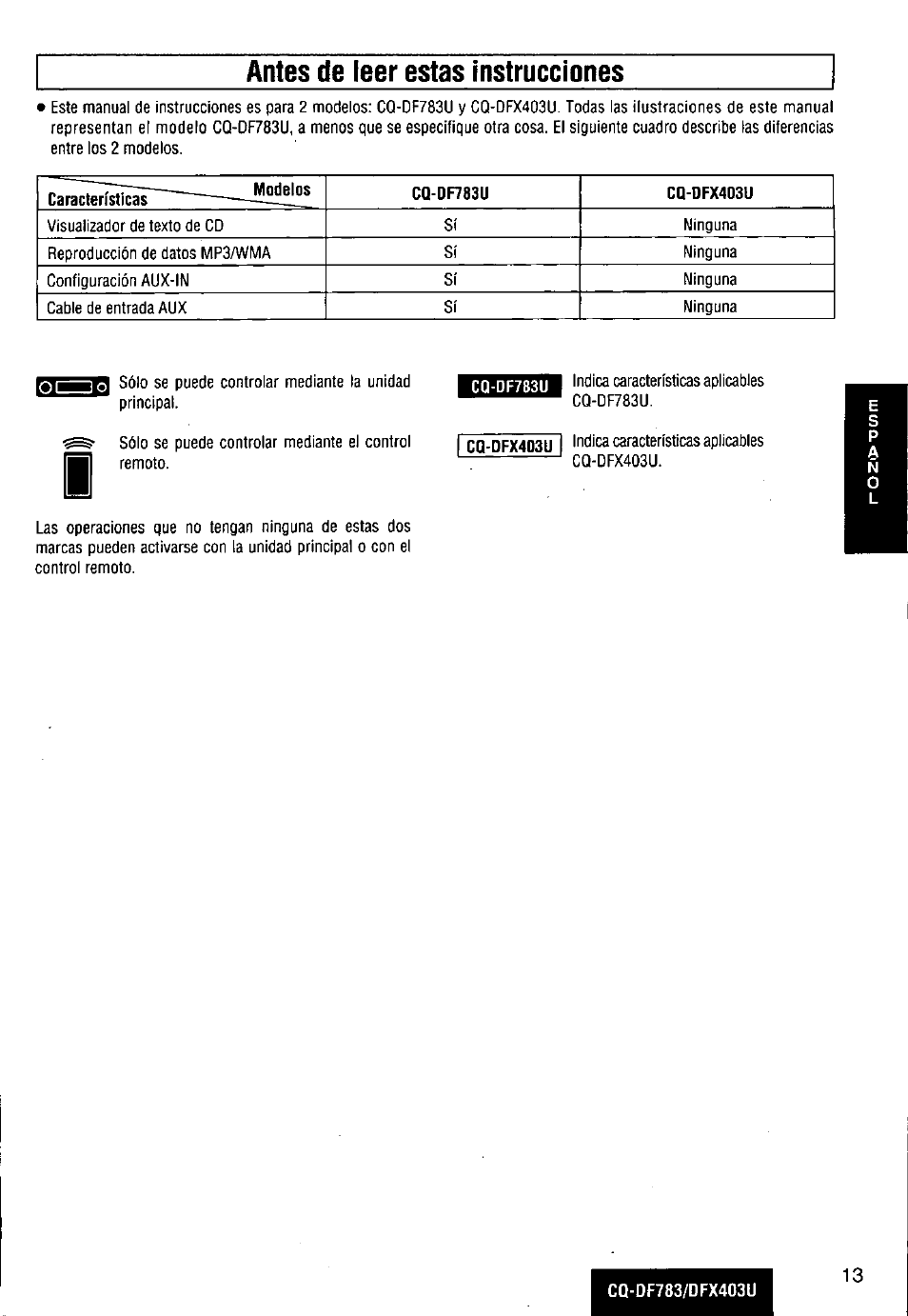 Antes de leer estas instrucciones | Panasonic CQ-DF783U User Manual | Page 13 / 136