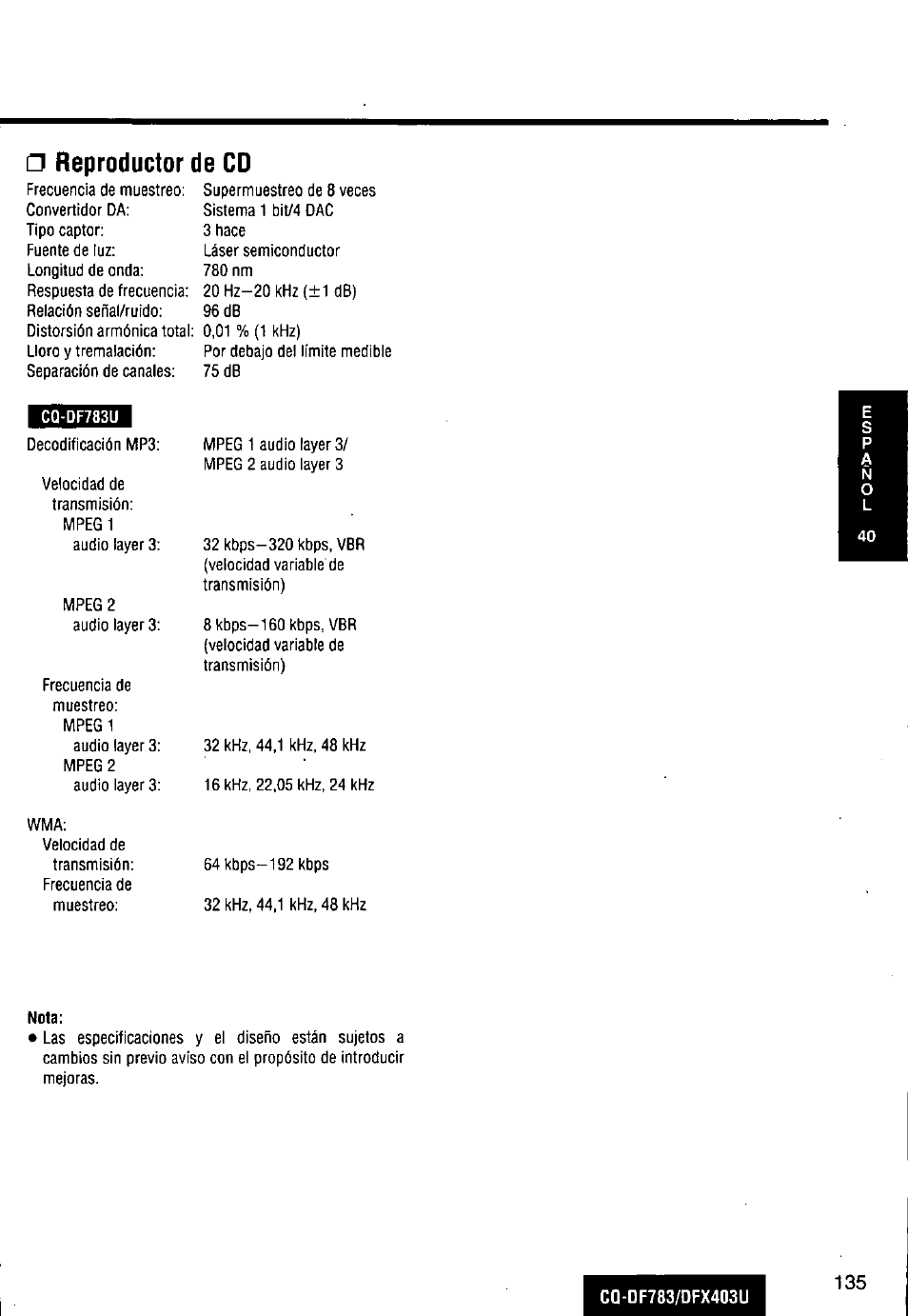 Nota, Reproductor de cd | Panasonic CQ-DF783U User Manual | Page 135 / 136
