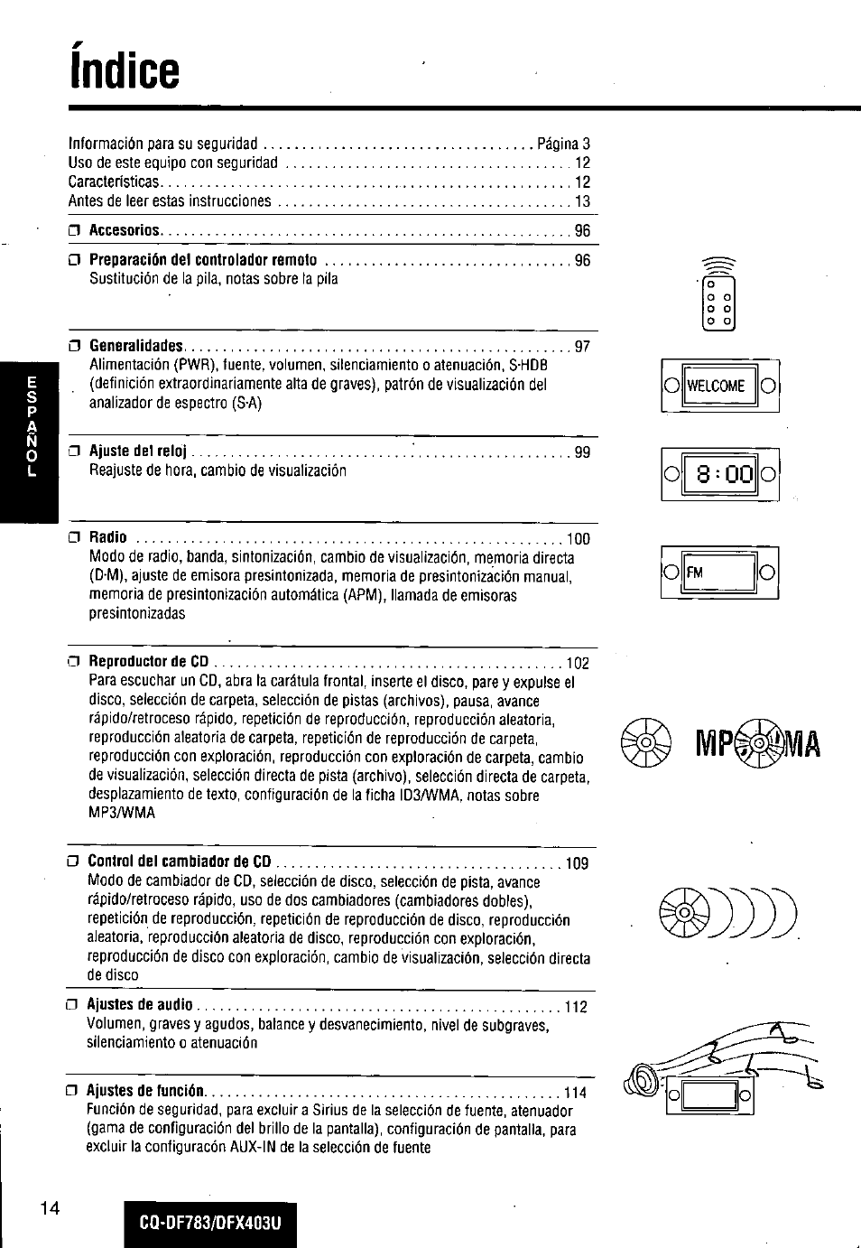 Indice | Panasonic CQ-DF783U User Manual | Page 14 / 136