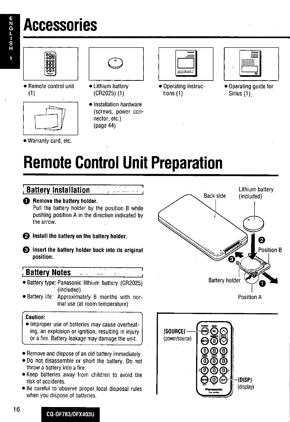 Accessories, Remote control unit preparation, О accessories | Battery installation | Panasonic CQ-DF783U User Manual | Page 16 / 136