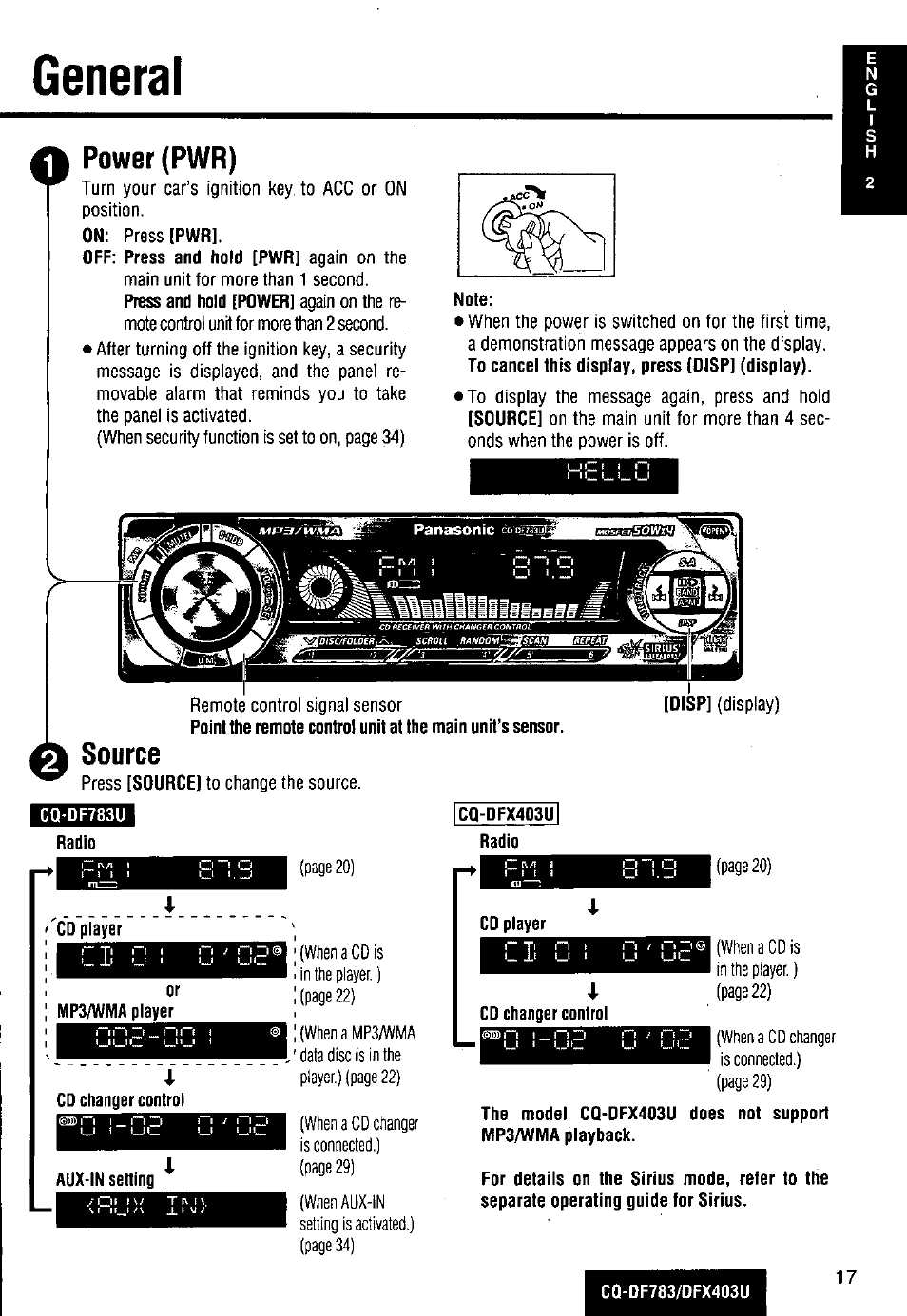 General, Power (pwr), Source | Cq-df783u, Cq-dfx403u, Cd player, Mp3/wma player, Cd changer control | Panasonic CQ-DF783U User Manual | Page 17 / 136