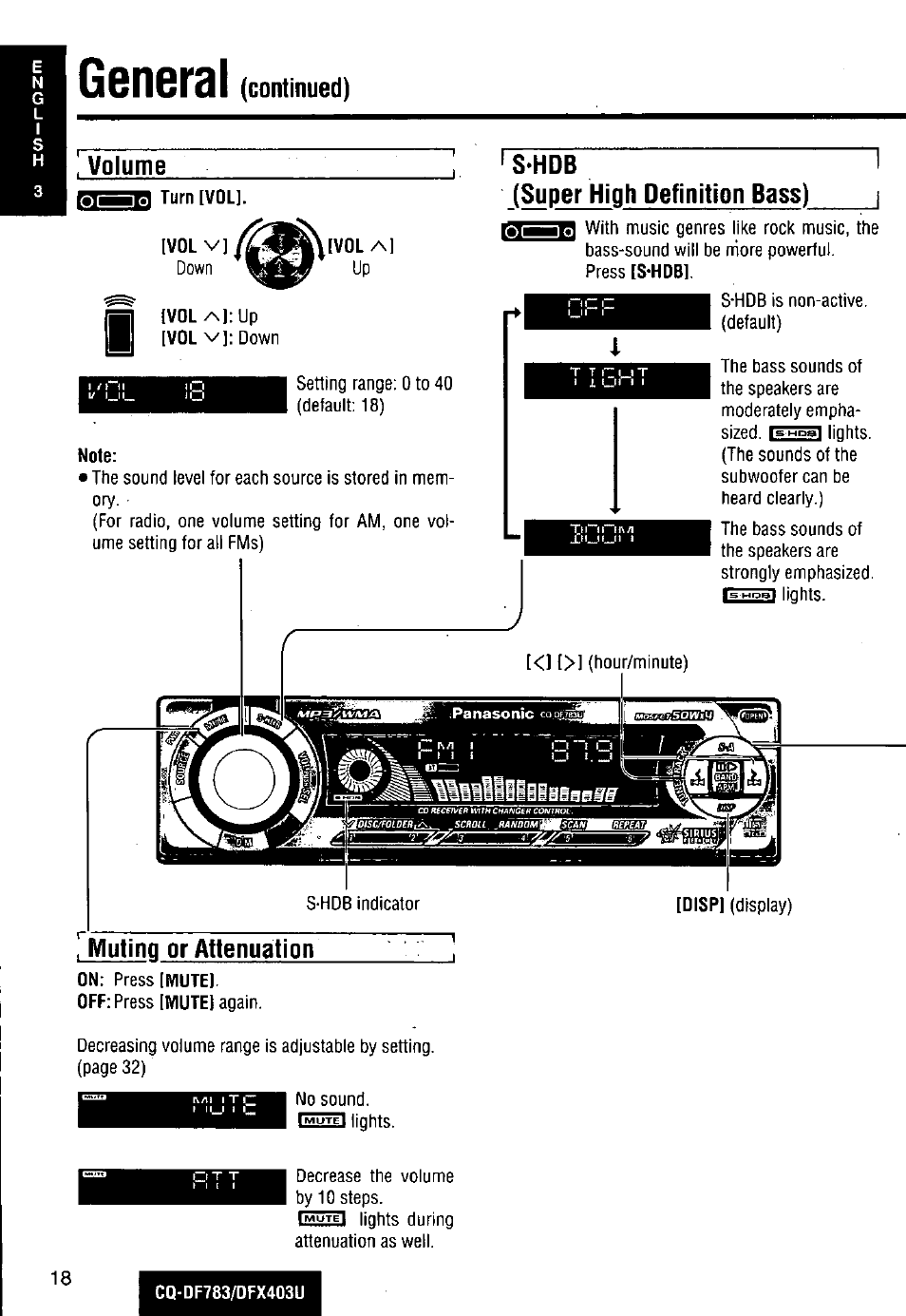 General, Note, Continued) volume | S-hdb i (super hiah definition bass), Muting or attenuation | Panasonic CQ-DF783U User Manual | Page 18 / 136