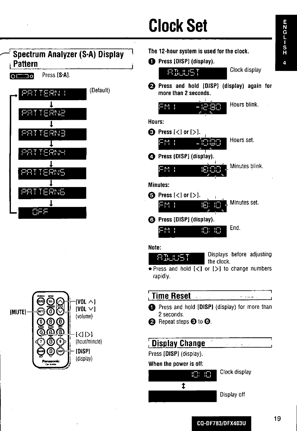 Clock set, The 12-hour system is used for the clock, Note | Spectrum analyzer (s*a) display pattern, Time reset, Display change | Panasonic CQ-DF783U User Manual | Page 19 / 136
