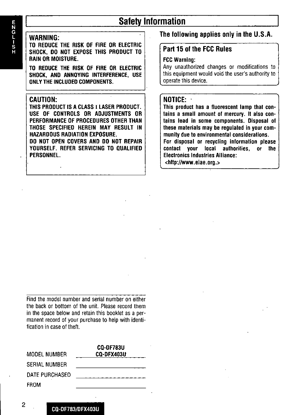 Safety information, Warning, Caution | The following applies only in the u.s.a | Panasonic CQ-DF783U User Manual | Page 2 / 136