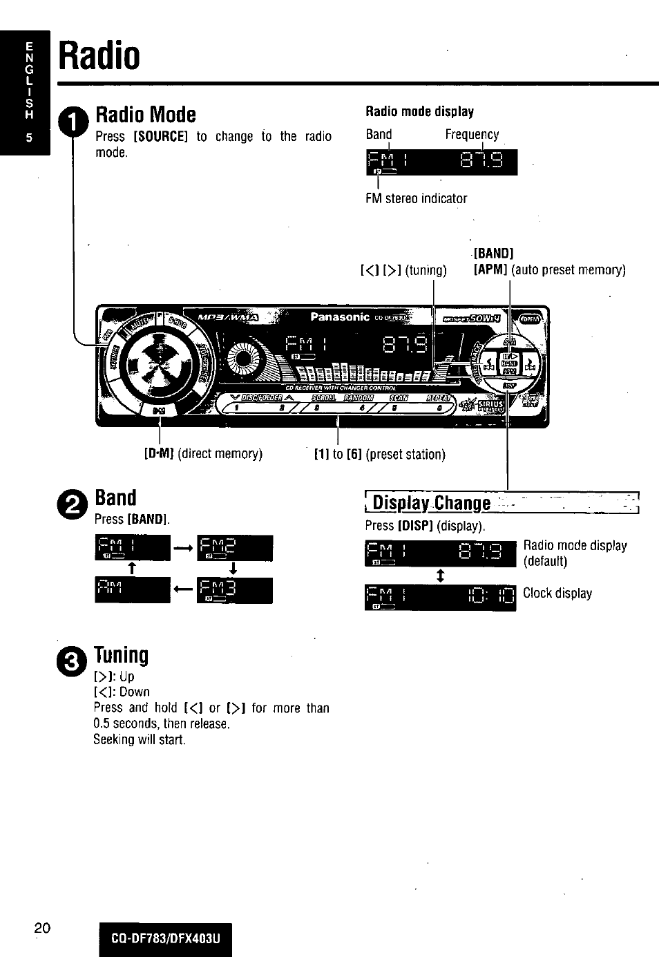 Radio, Radio mode, Band | Tuning | Panasonic CQ-DF783U User Manual | Page 20 / 136