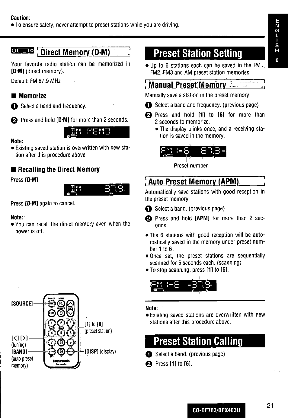 Memorize, Recalling the direct memory, Preset station setting | Preset station calling, I manual preset:membrv | Panasonic CQ-DF783U User Manual | Page 21 / 136