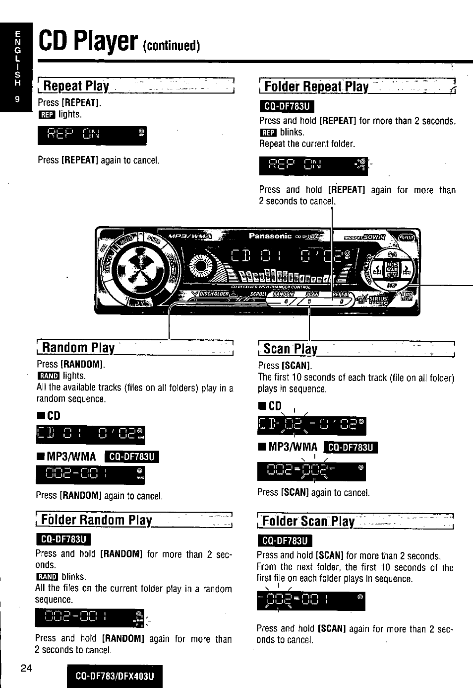 Cq-df783u, Mp3/wma, Cqof783u | Cd player, I repeat play, Folder repeat play, I random play, I scan play, Folder random play, Folder scan play | Panasonic CQ-DF783U User Manual | Page 24 / 136