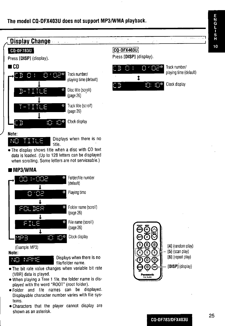 Cq-df783u, Note, Mp3/wivia | Display change | Panasonic CQ-DF783U User Manual | Page 25 / 136