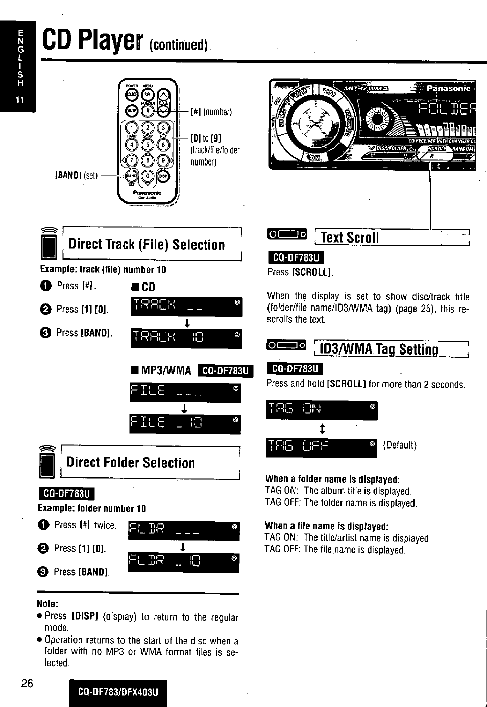 Example: track (file) number 10, Cq-df783u, When a folder name is displayed | When a file name is displayed, Cd pisysr, M ^ direct track (fite) setection, Direct folder selection, Id3/wivia tap setting | Panasonic CQ-DF783U User Manual | Page 26 / 136