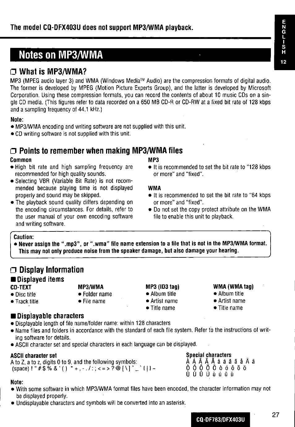 Notes on mp3/wma, Note, Caution | Mp3 (ids tag), Displayable characters, Ascii character set, What is mp3/wma, Points to remember when making mp3/wma fiies, Display information | Panasonic CQ-DF783U User Manual | Page 27 / 136