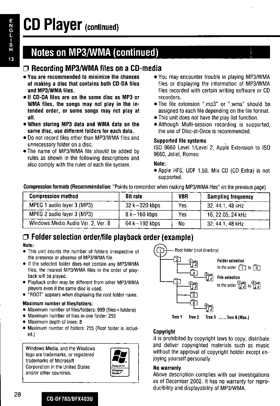 Notes on mp3/wma (continued), Note, Copyright | Cd pl3y6r, Recording mp3/wma fiies on a cd, Media | Panasonic CQ-DF783U User Manual | Page 28 / 136