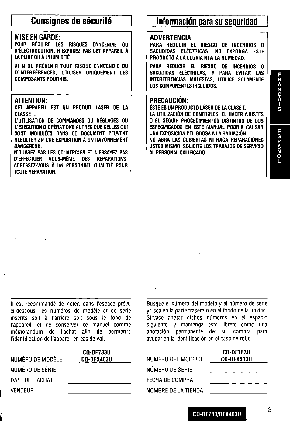 Consignes de sécurité, Mise en garde, Ahention | Información para su seguridad, Advertencia, Precaucion | Panasonic CQ-DF783U User Manual | Page 3 / 136