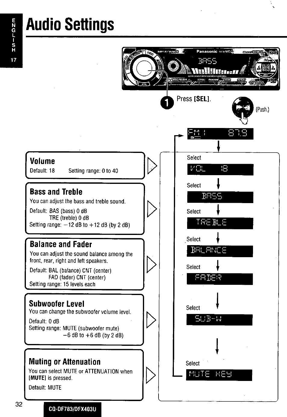 Audio settings, Volume, Bass and trebie | Balance and fader, Subwoofer level, Muting or attenuation | Panasonic CQ-DF783U User Manual | Page 32 / 136