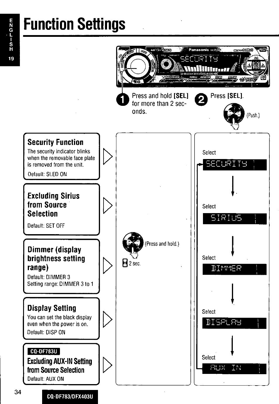 Function settings, Excluding aux-in setting from source selection | Panasonic CQ-DF783U User Manual | Page 34 / 136