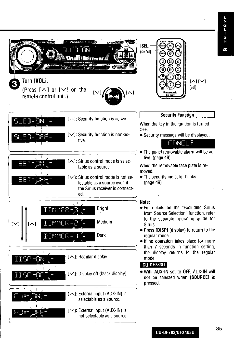Turn [voli, Press [a] or [v] on the [v]/^si\[a, Remote control unit.) | Cq-df783u, Turn [voli. (press, On the [v]/^si\[a] remote control unit.) | Panasonic CQ-DF783U User Manual | Page 35 / 136
