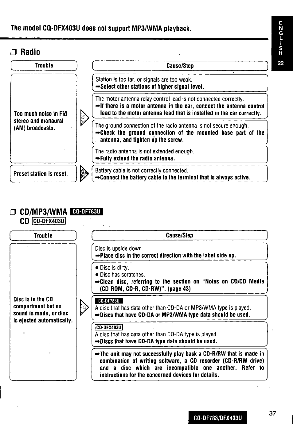 Radio, Cd/mp3/wma | Panasonic CQ-DF783U User Manual | Page 37 / 136
