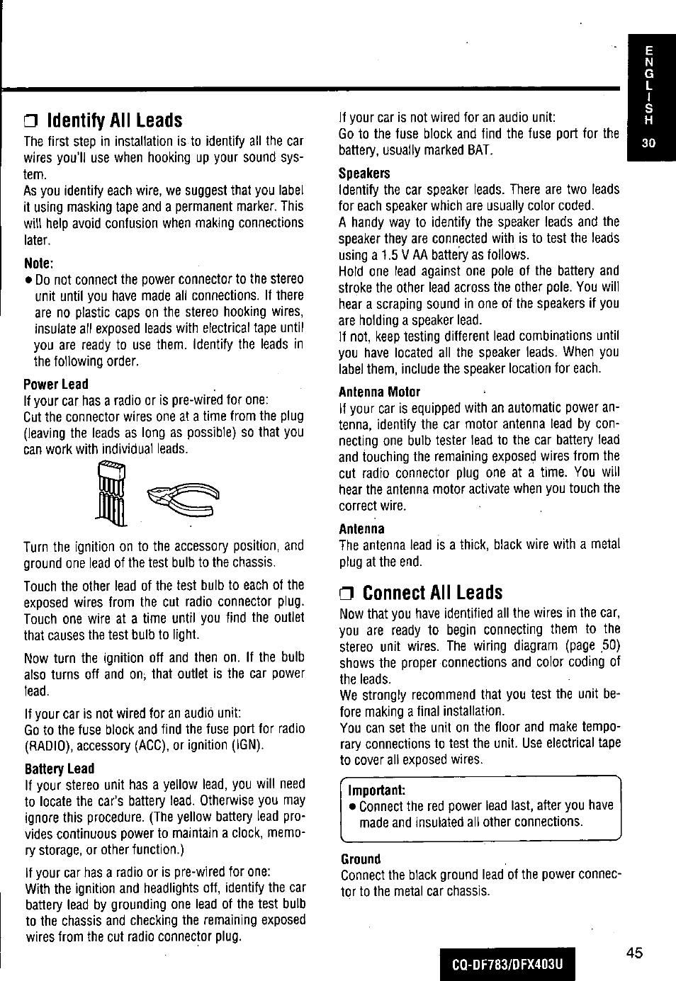 Note, Power lead, Antenna motor | Antenna, Ground, Identify all leads, Connect all leads | Panasonic CQ-DF783U User Manual | Page 45 / 136