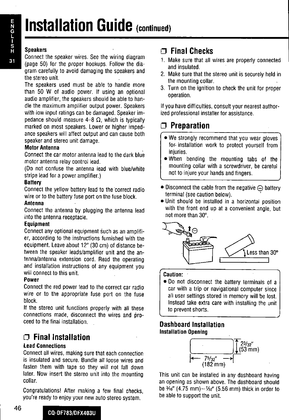 Speakers, Dashboard installation, Installation guide | Final installation, Final checks, Preparation | Panasonic CQ-DF783U User Manual | Page 46 / 136