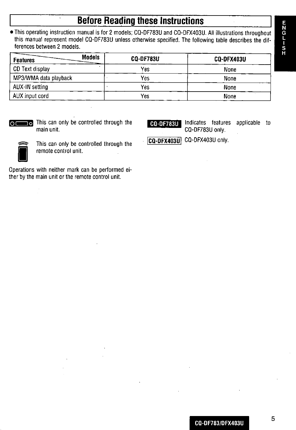 Before reading these instructions | Panasonic CQ-DF783U User Manual | Page 5 / 136