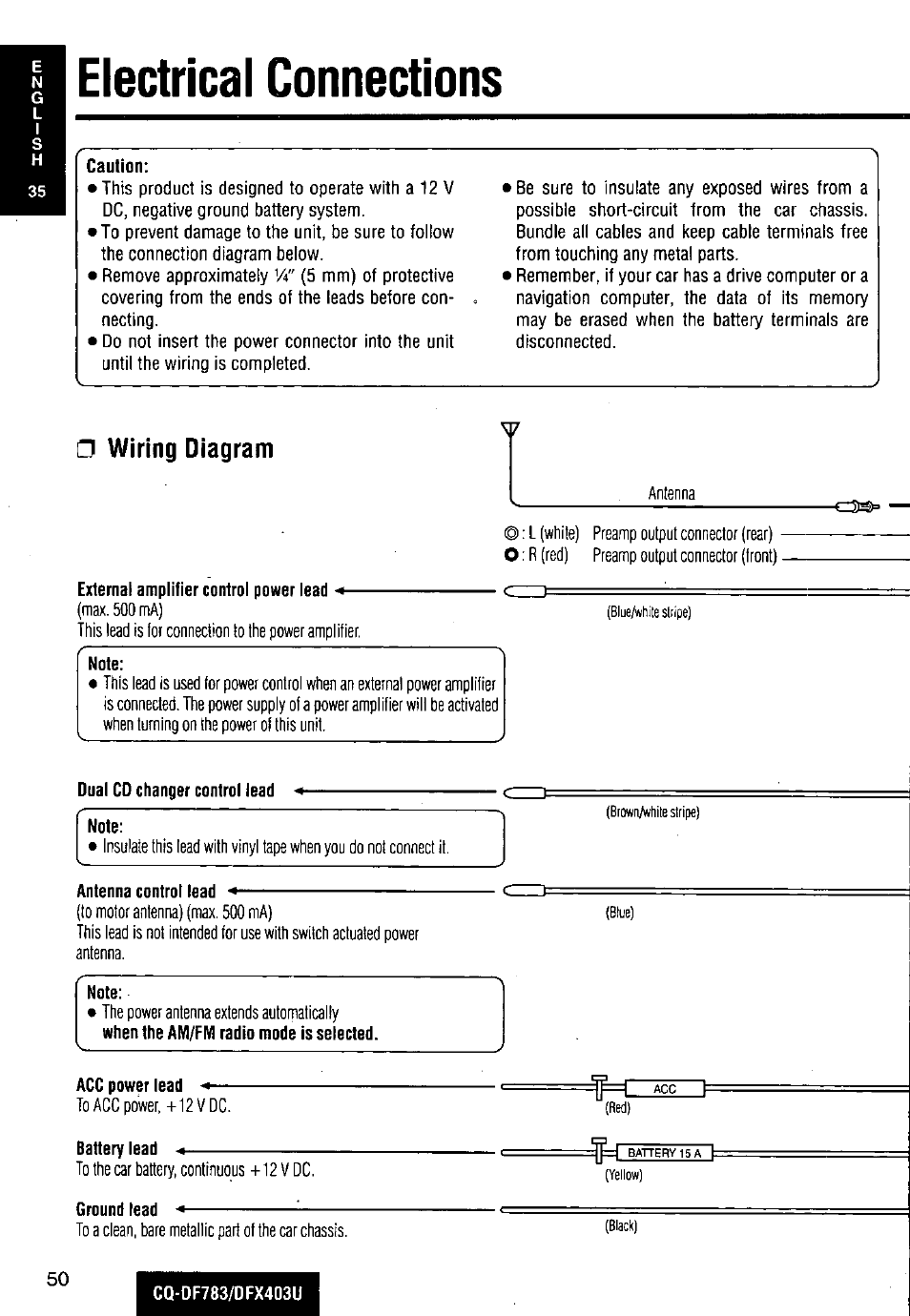 Electrical connections, Caution, External amplifier control power lead | Note, Dual cd changer control lead, Antenna control lead, Acc power lead, Battery lead, Ground lead, Wiring diagram | Panasonic CQ-DF783U User Manual | Page 50 / 136