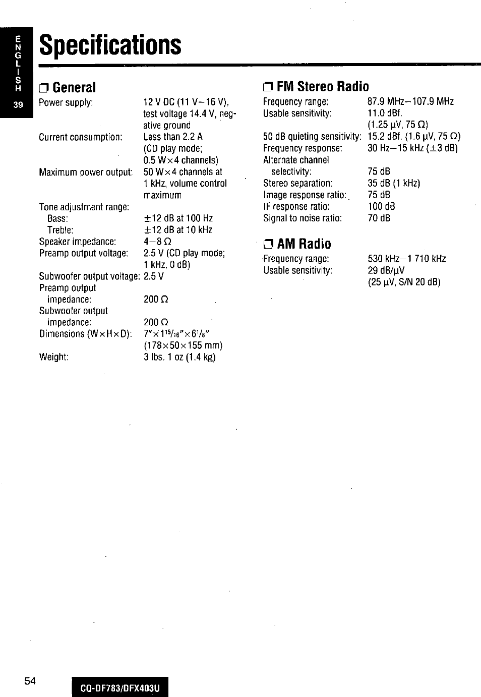 Specifications, O specifications, General □ fm stereo radio | Am radio | Panasonic CQ-DF783U User Manual | Page 54 / 136