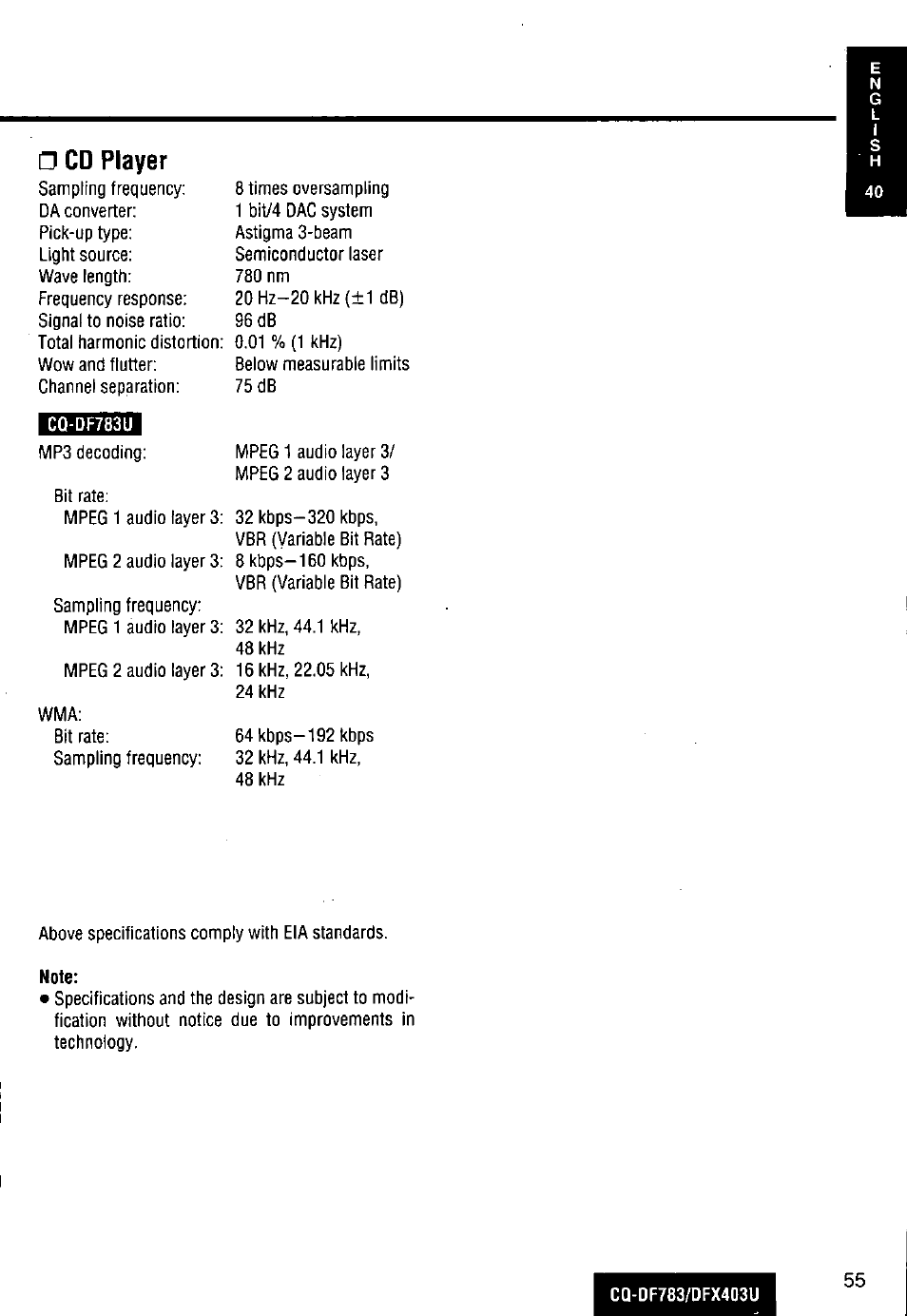 Cd player | Panasonic CQ-DF783U User Manual | Page 55 / 136