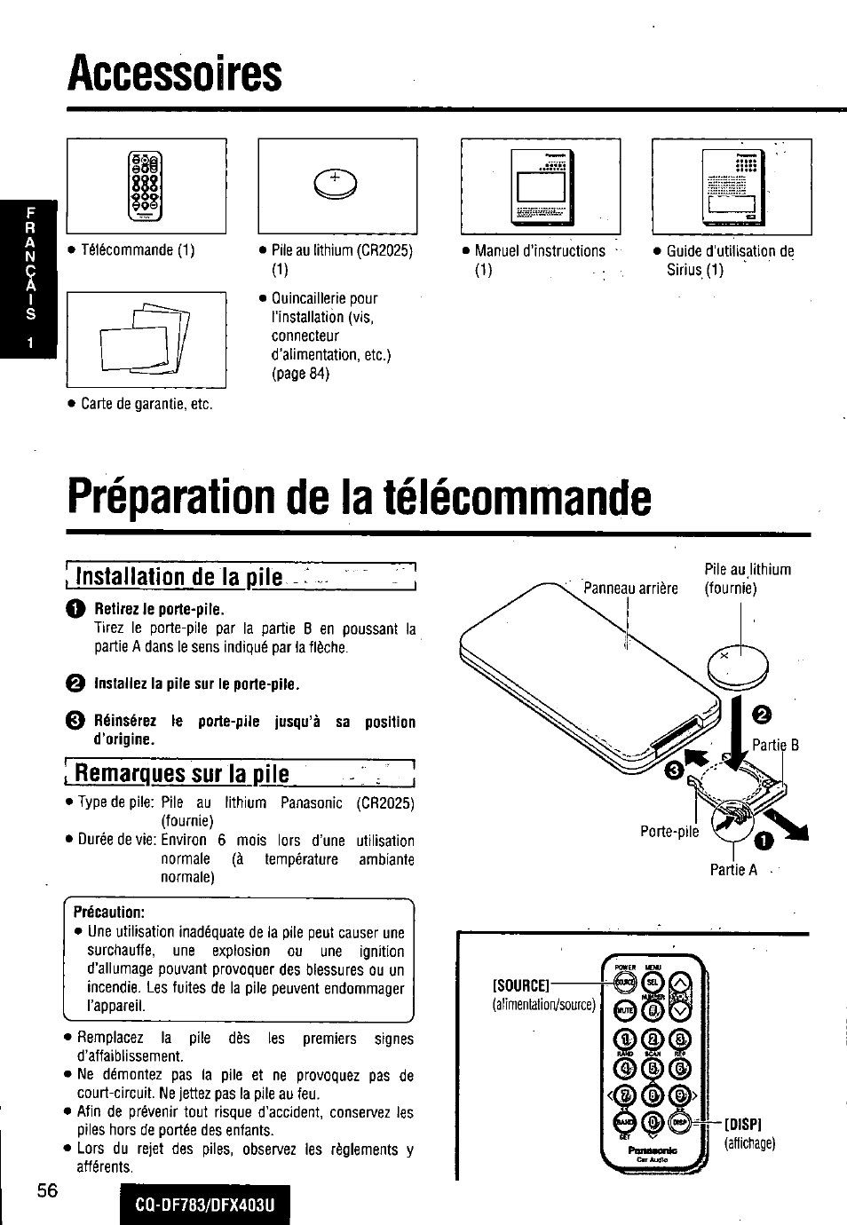 Accessoires, Préparation de la télécommande, П accessoires | Installation de la pile, Remarques sur la pile | Panasonic CQ-DF783U User Manual | Page 56 / 136