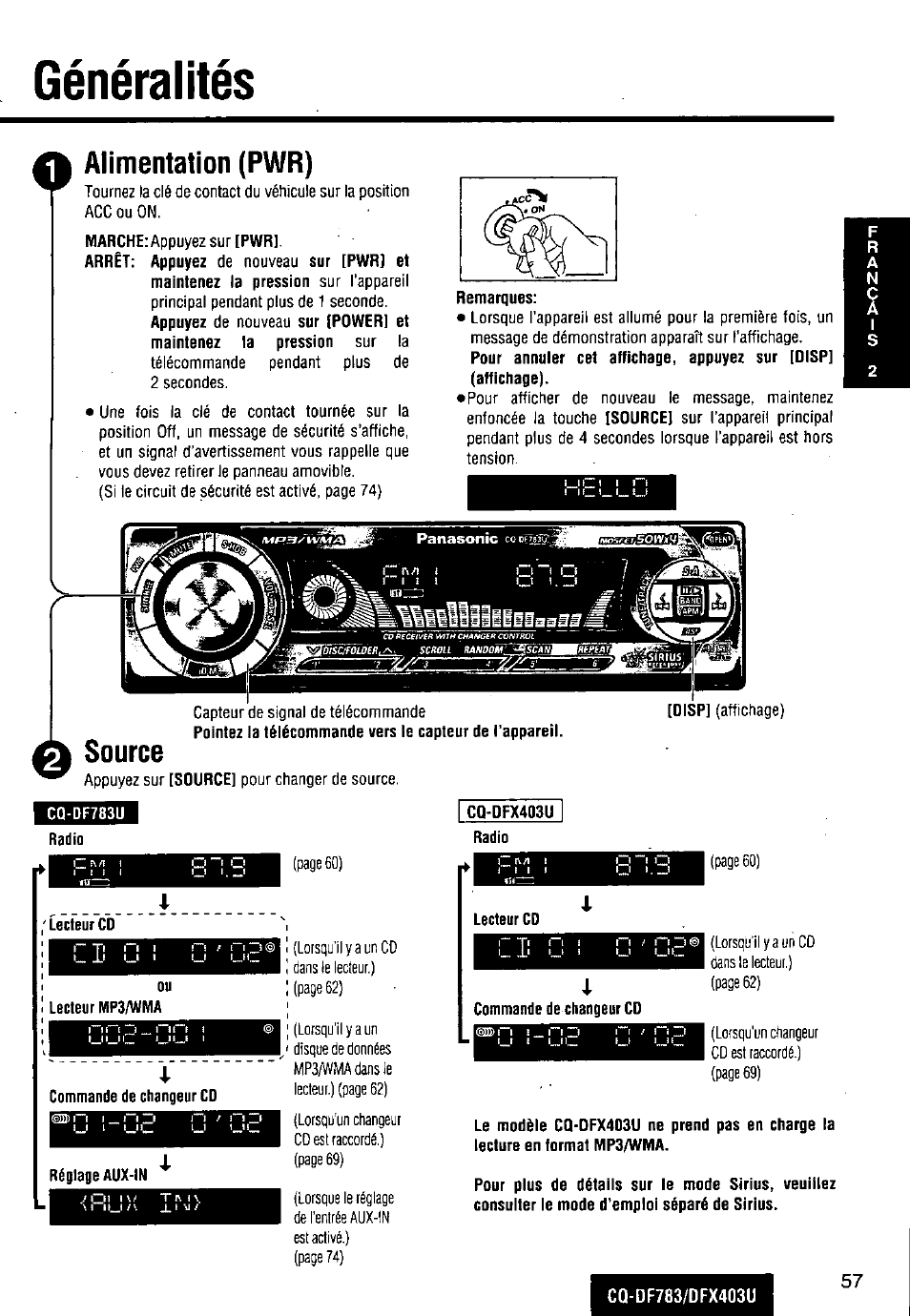 Généralités, Remarques, A source | Cq'dfx403u, Alimentation (pwr), 3b>t l | Panasonic CQ-DF783U User Manual | Page 57 / 136
