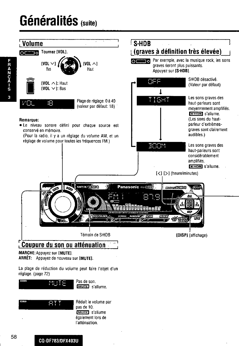 Généralités, Suite) ! volume, Tcoupure du son ou atténuation | Ni----- lo | Panasonic CQ-DF783U User Manual | Page 58 / 136