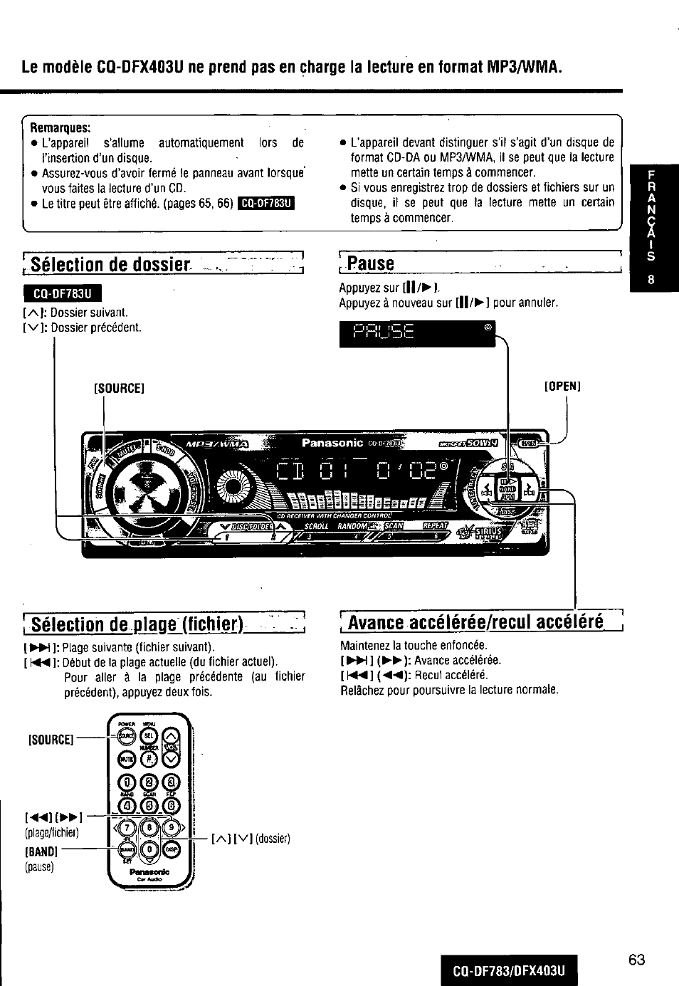 Sélection de dossier. r pause, Sélection de plage ffichier), Avance accélérée/recul accéléré | Panasonic CQ-DF783U User Manual | Page 63 / 136