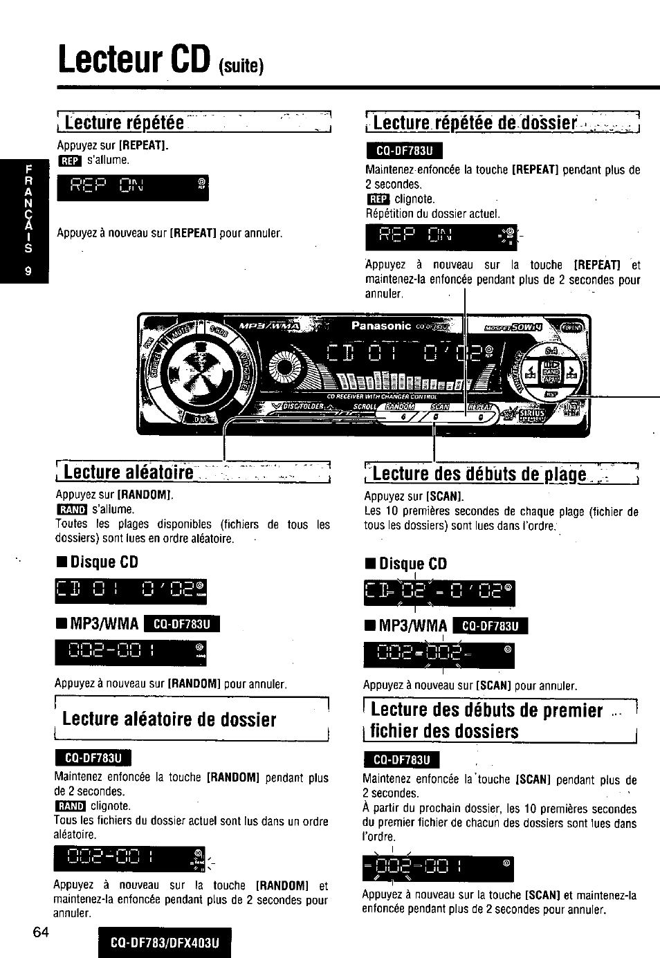 Disque cd, Mp3/wivia, Mp3/wma | Lecteur cd, Lecture répétée, Lecture répétée dë dossier, I lecture aléatoire, Lecture aléatoire de dossier, Lecture des débuts de plàoe, Lecture des débuts de premier fichier des dossiers | Panasonic CQ-DF783U User Manual | Page 64 / 136