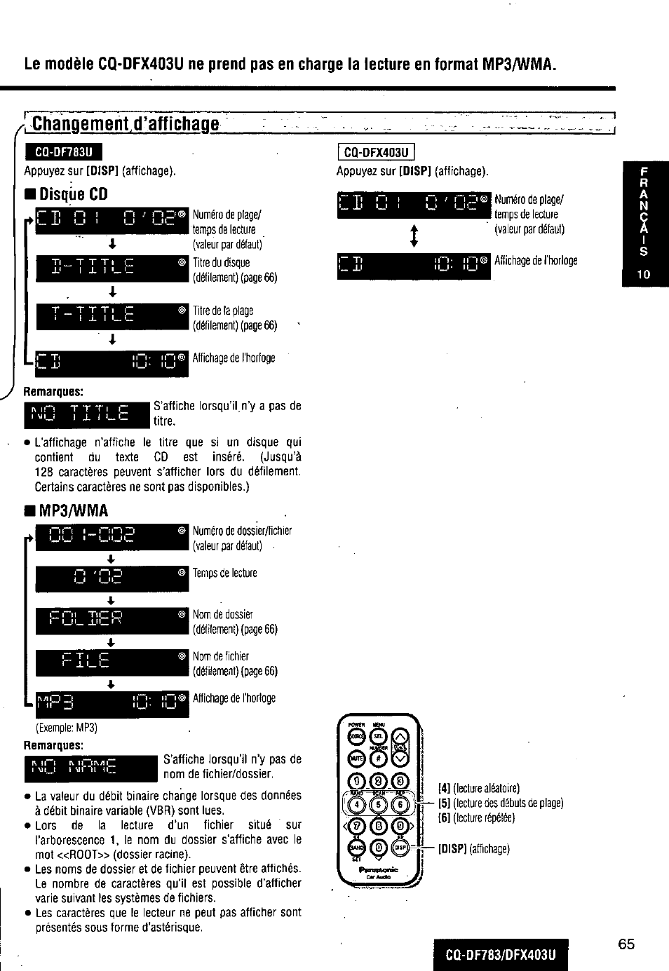 Cq-df783u, Mp3/wma, Chanqemenld'affichaqe | Disqüe cd | Panasonic CQ-DF783U User Manual | Page 65 / 136