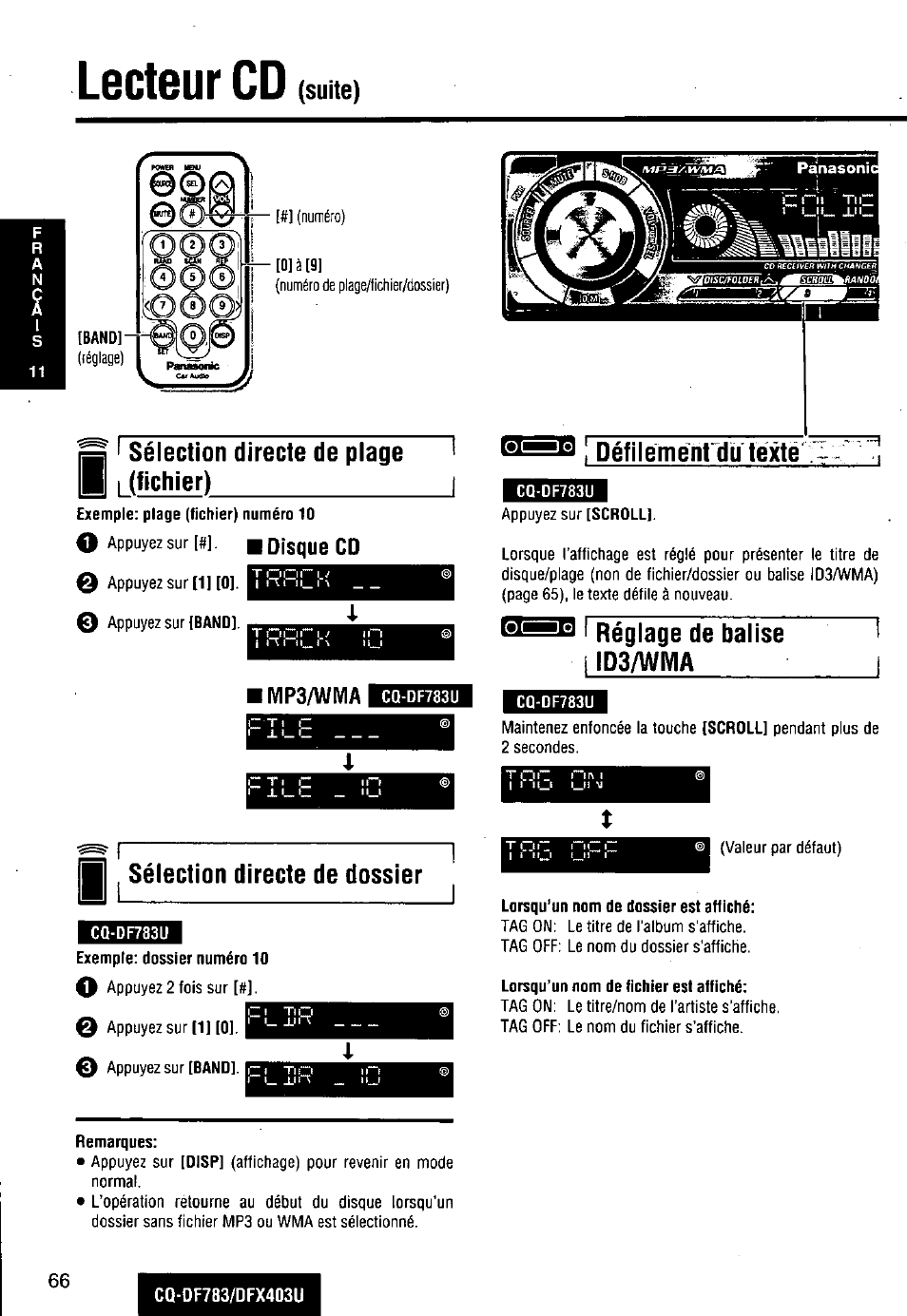 Mp3/wma, Lecteur cd, S ' sélection directe de piage h i (fichier) | Sélection directe de dossier, Défiiement du texte, Régiage de baiise id3/wma | Panasonic CQ-DF783U User Manual | Page 66 / 136