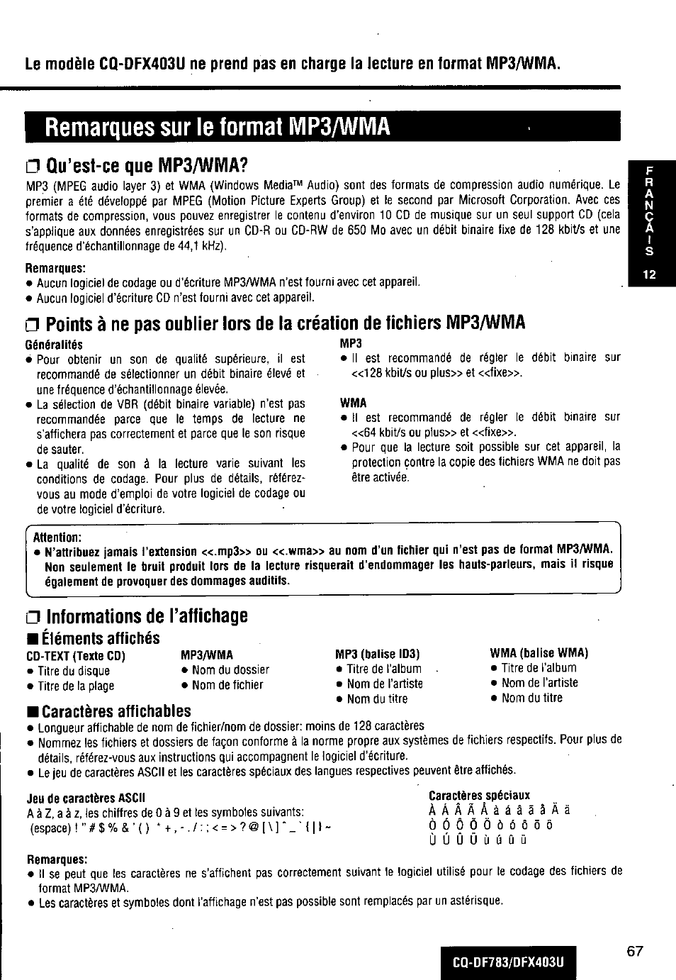 Remarques sur le format mp3/wma, Caracteres affichables, Qu’est-ce que mp3/wivia | Informations de raffichage, Éléments affichés | Panasonic CQ-DF783U User Manual | Page 67 / 136