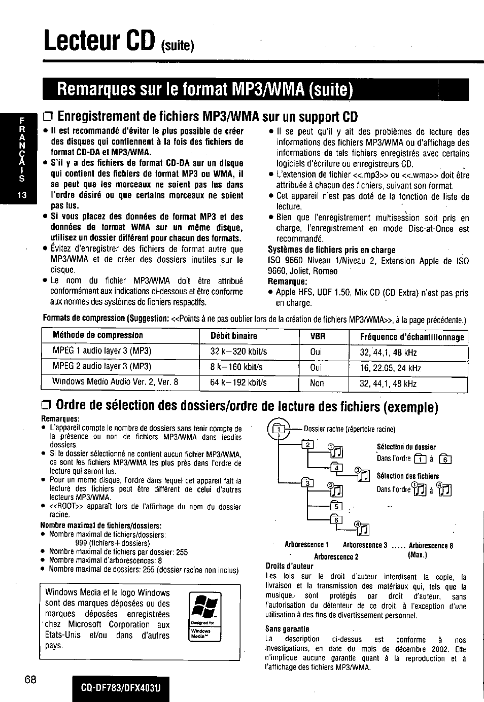 Remarques sur le format mp3/wma (suite), Lecteur cd, Enregistrement de fichiers mp3/wivia | Sur un support cd | Panasonic CQ-DF783U User Manual | Page 68 / 136