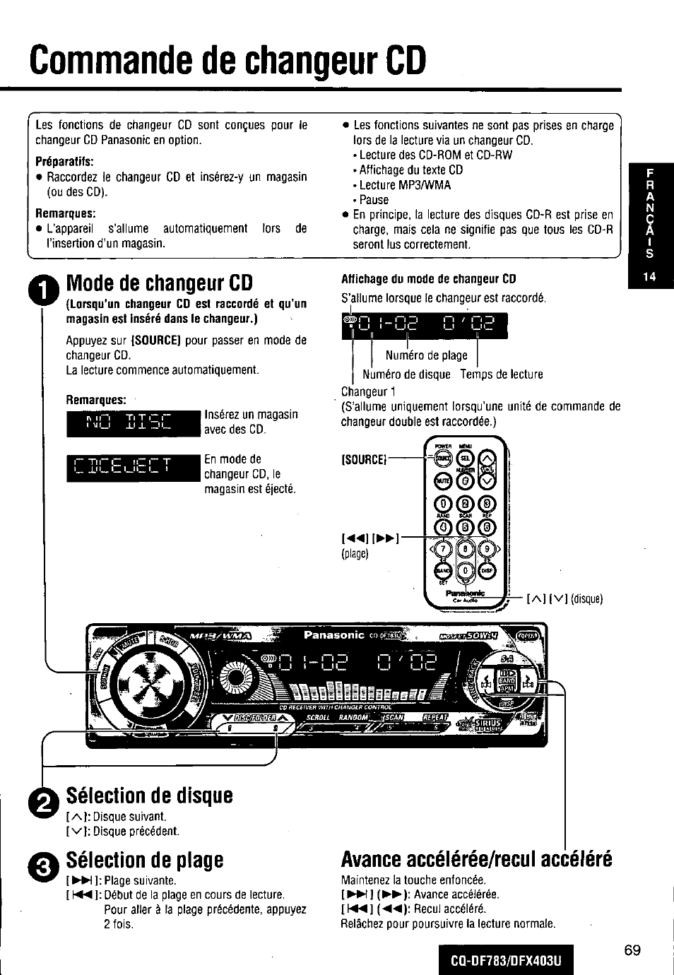 Commande de changeur cd, Mode de changeur cd, Sélection de disque | Sélection de plage, Avance accélérée/recul accéléré | Panasonic CQ-DF783U User Manual | Page 69 / 136