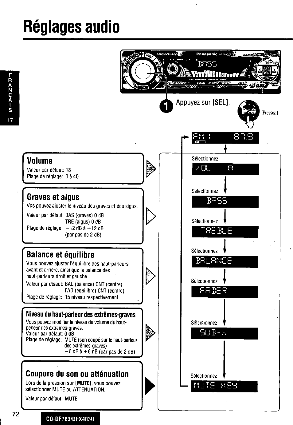 Réglages audio, Niveau du haut-parleur des extrêmes-graves, Volume | Graves et aigus, Balance et équilibre, Coupure du son ou atténuation | Panasonic CQ-DF783U User Manual | Page 72 / 136