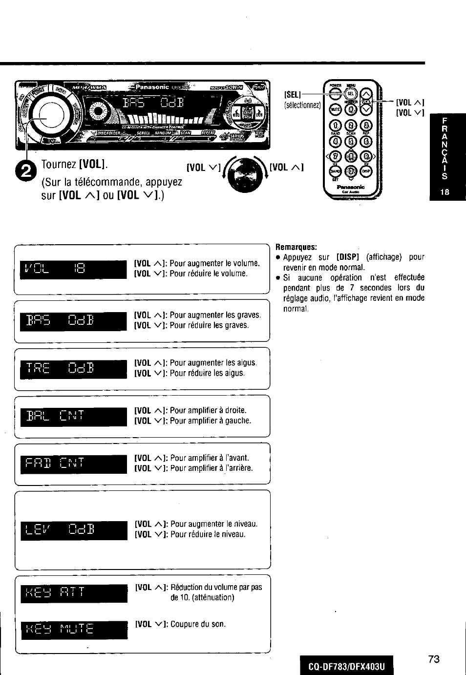 Sur la télécommande, appuyez sur [vol a] ou [vol | Panasonic CQ-DF783U User Manual | Page 73 / 136