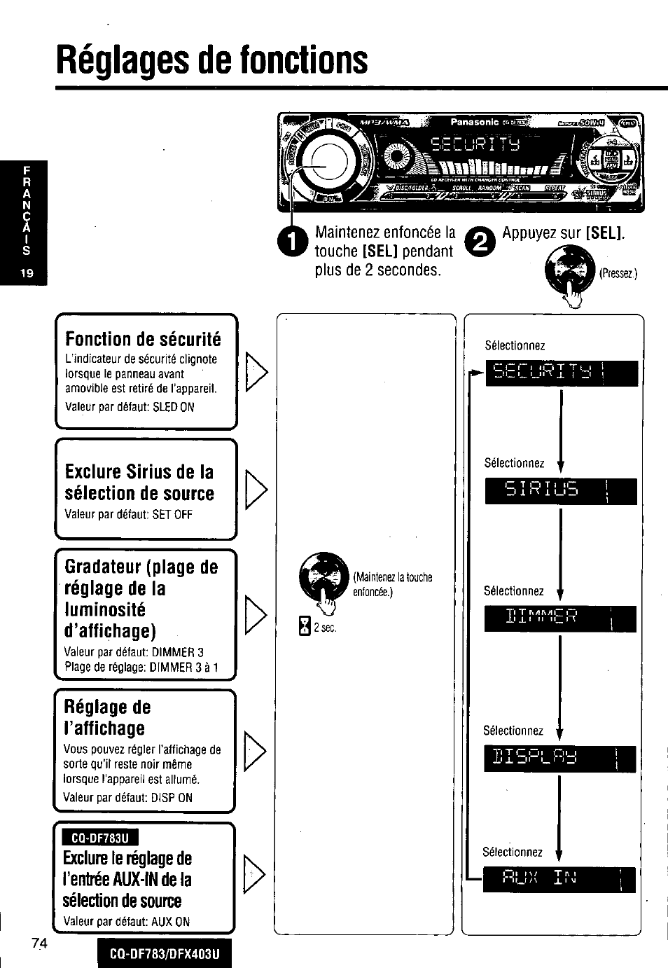 Réglages de fonctions, Fonction de sécurité, Exclure sirlus de la sélection de source | Réglage de l’affichage | Panasonic CQ-DF783U User Manual | Page 74 / 136