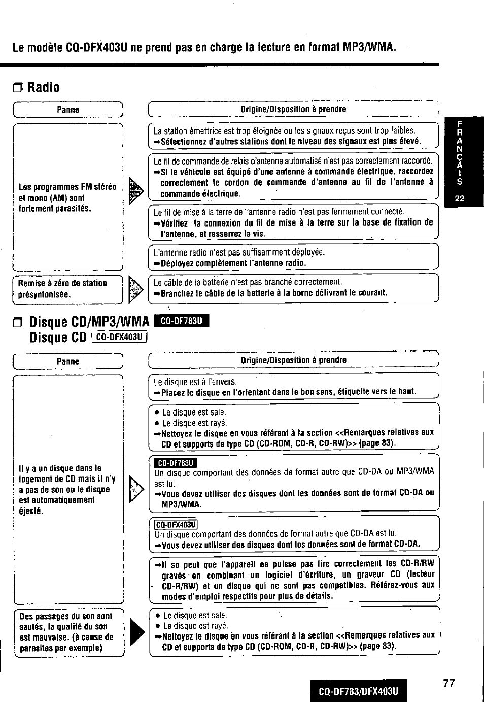 Radio, Disque cd/mp3/wma disque cd i | Panasonic CQ-DF783U User Manual | Page 77 / 136