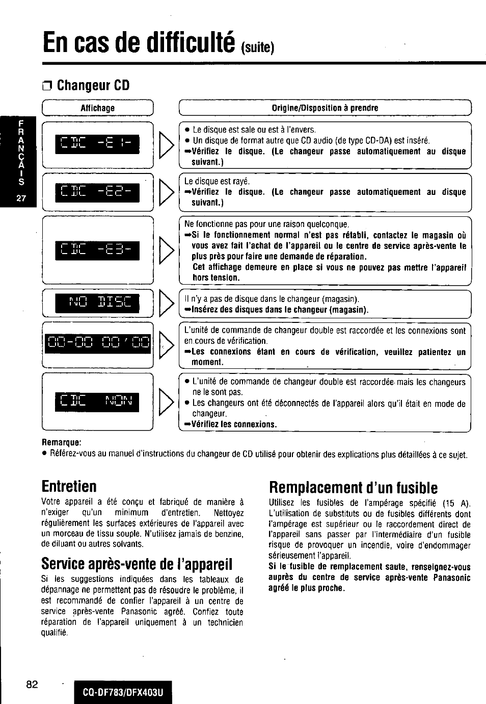 Entretien, Service après-vente de i’appareil, Remplacement d’un fusible | En cas de difficulté, Changeur cd | Panasonic CQ-DF783U User Manual | Page 82 / 136