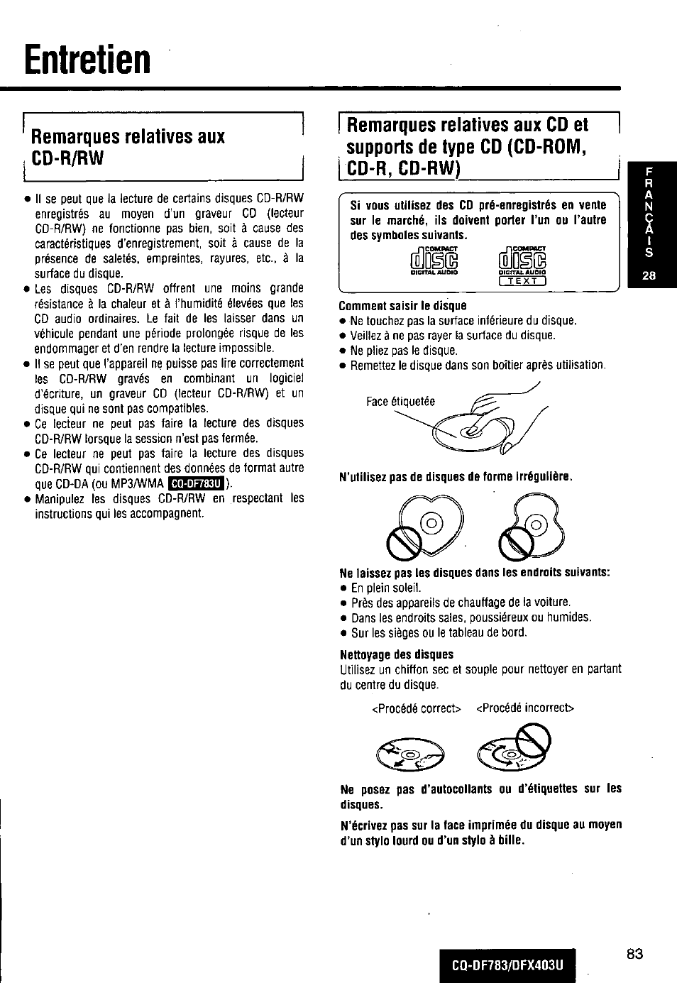 Entretien, O entretien, Remarques relatives aux cd-r/rw | Ш0§(ш №(g | Panasonic CQ-DF783U User Manual | Page 83 / 136