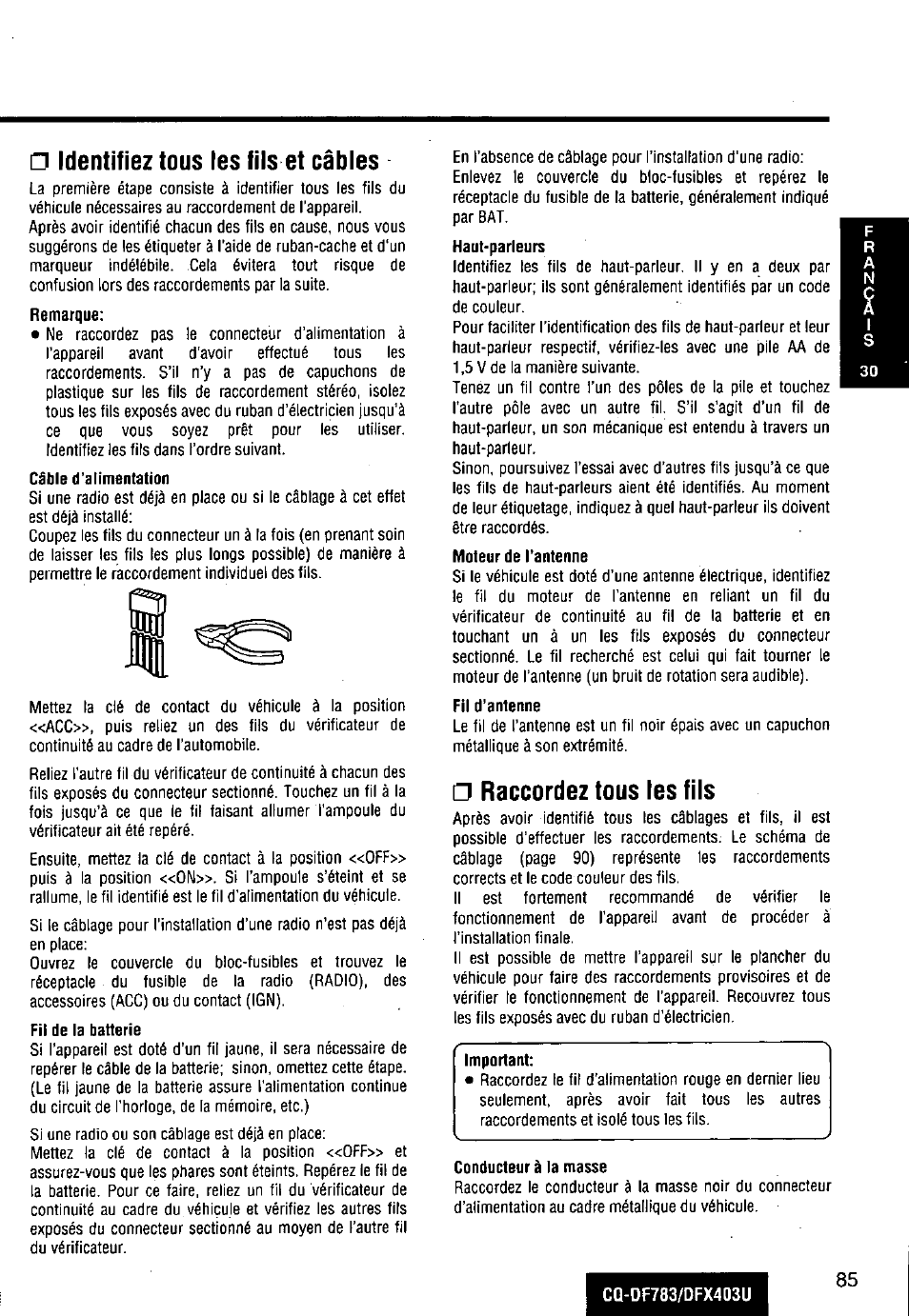 Identifiez tous tes fils et câbles, Raccordez tous les fils | Panasonic CQ-DF783U User Manual | Page 85 / 136