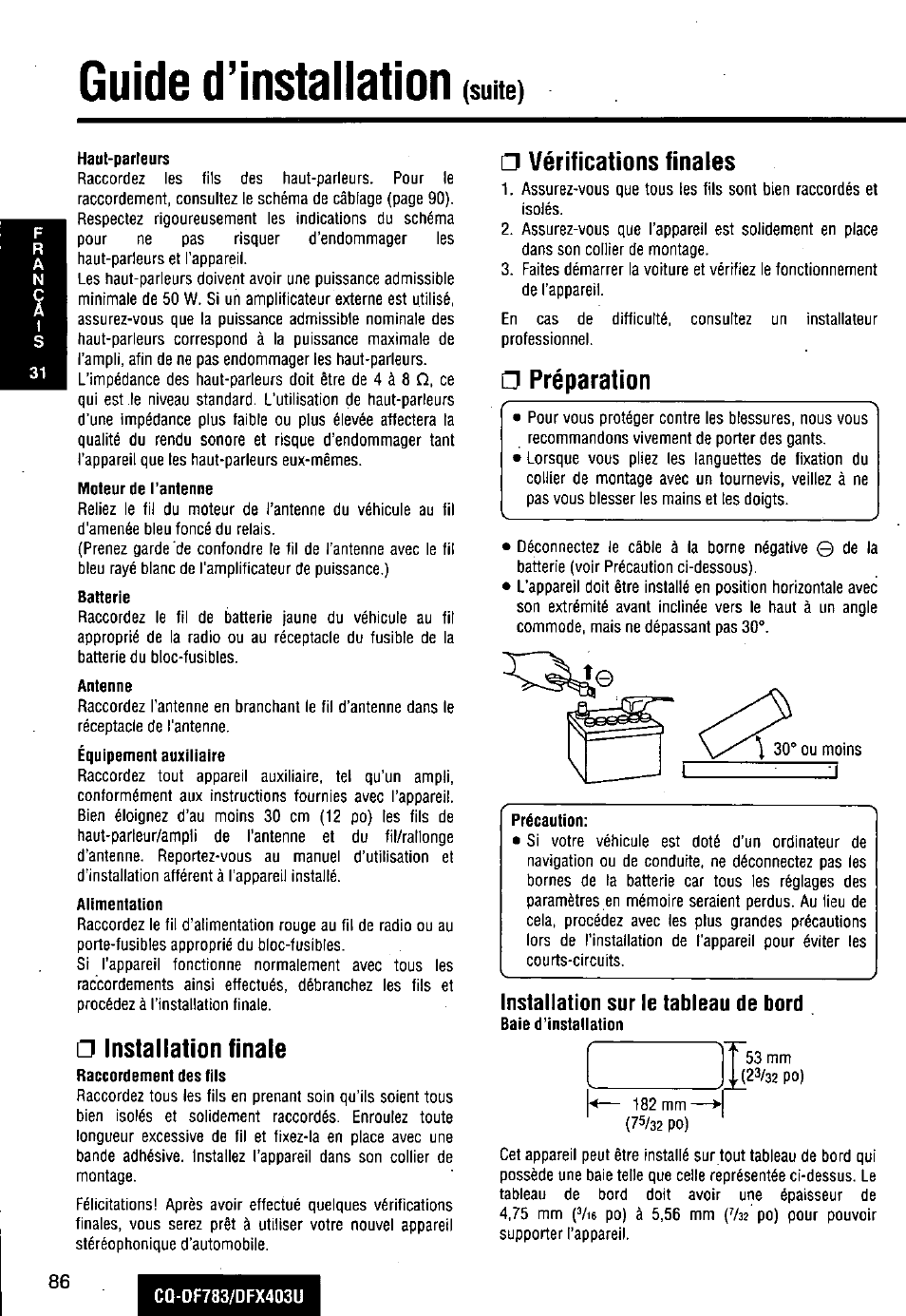 Installation sur le tableau de bord, Guide d’installation, Installation finale | Vérifications finales, Préparation | Panasonic CQ-DF783U User Manual | Page 86 / 136